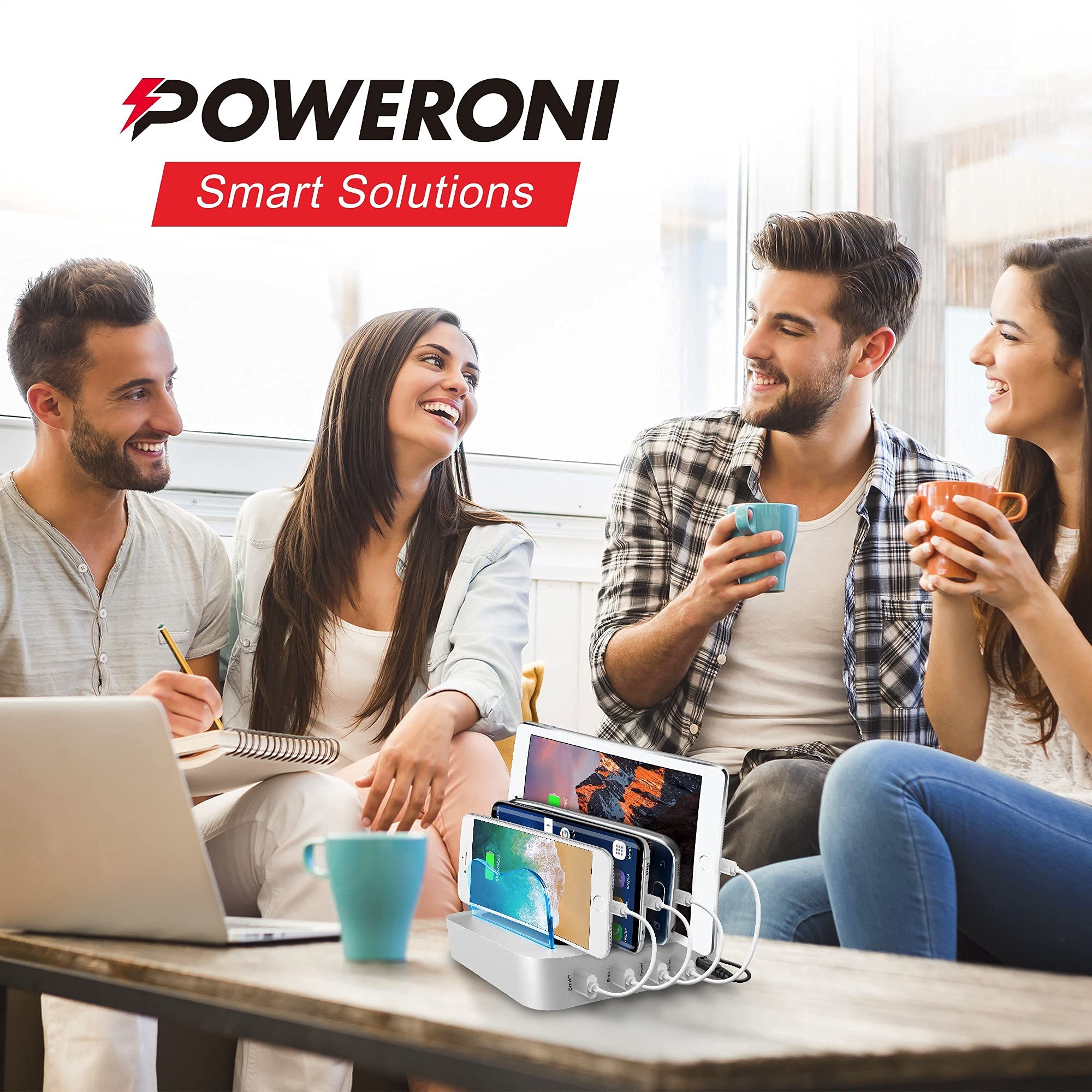 Poweroni USB Charging Dock - 4-Port - Fast Charging Station for Multiple Devices Apple - Multi Device Charger Station - Compatible with Apple iPad iPhone and Android Cell Phone and Tablet