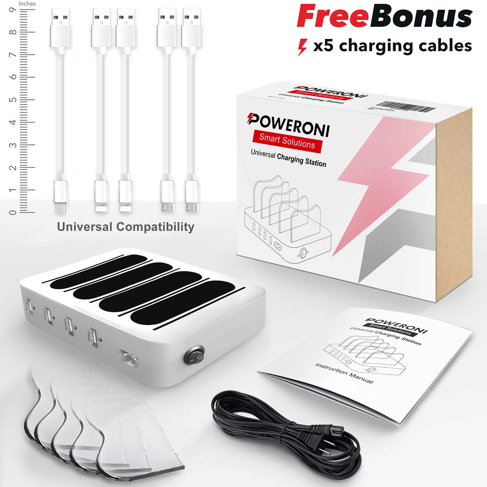 Poweroni USB Charging Dock - 4-Port - Fast Charging Station for Multiple Devices Apple - Multi Device Charger Station - Compatible with Apple iPad iPhone and Android Cell Phone and Tablet