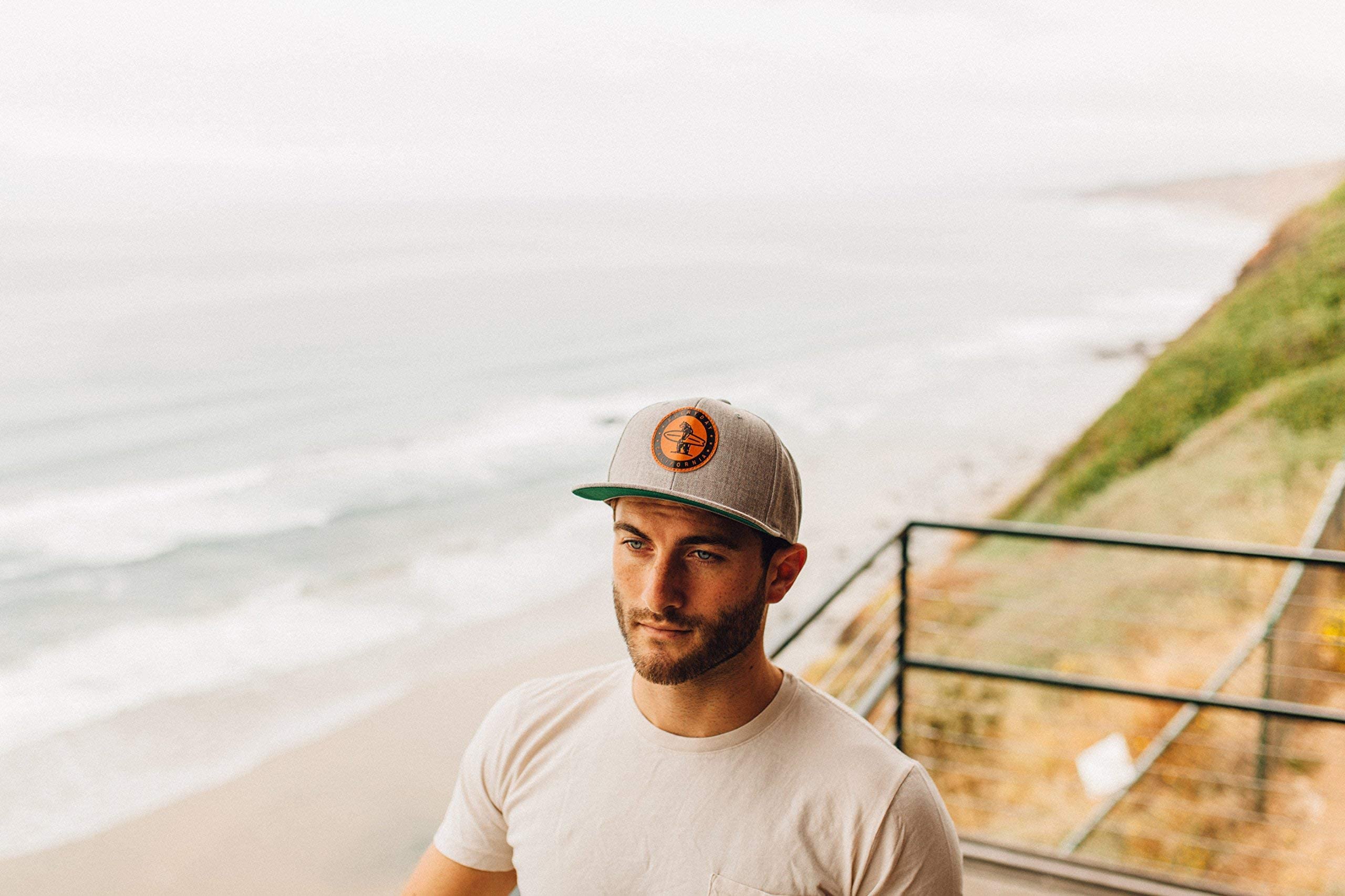 Everyday California ‘Marine Layer’ Snapback Grey Surfing Hat - Flat Brim Baseball Style Cap with Vegan Leather Patch