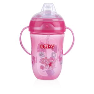 Nuby Comfort Trainer 2 Handle Cup with 360 Weighted Straw and Soft Silicone Spout, 9 Oz, Girl, Pink Flowers