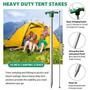 Eurmax USA Galvanized Non-Rust Camping Family Tent Pop Up Tent Stakes Canopy Anchors Heavy Duty 10pc-Pack, with 4x10ft Ropes & 1 Green Stopper