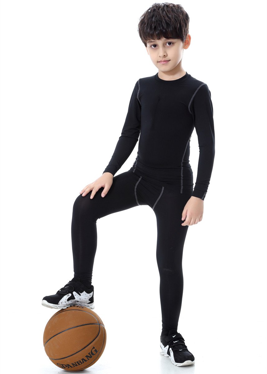 CVVTEE Boys Athletic Base Layer Compression Underwear Set 2pcs Thermal Long John for Kids (Black, 10)