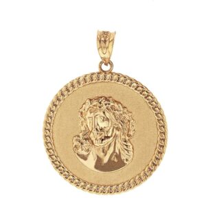 religious jewelry solid 10k yellow gold cuban link framed jesus face medallion pendant