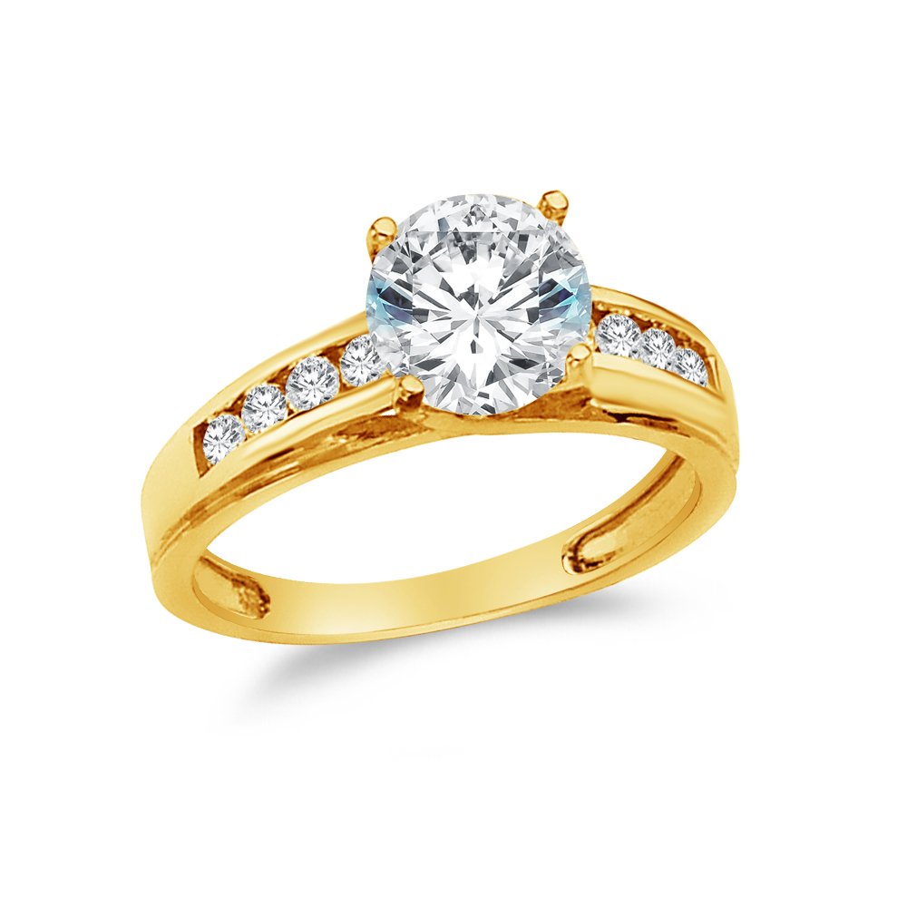 Size - 8 - Solid 14k Yellow Gold Round Cut Wedding Engagement Ring with Side Stones, CZ Cubic Zirconia (2 ct.)