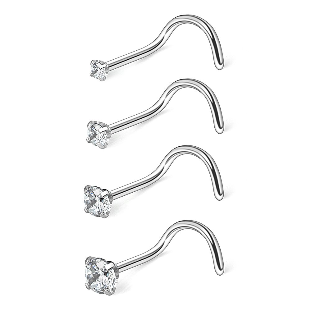 Ruifan 4PCS 22G 316L Surgical Steel 1.5mm 2mm 2.5mm 3mm Clear Round Diamond Cubic Zirconia Crystal Nose Screw Studs Rings Piercing Jewelry - Silver