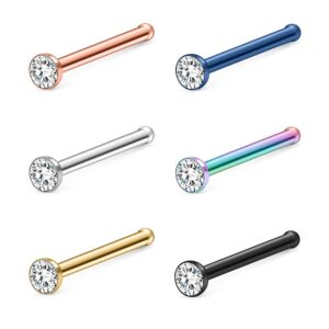 Ruifan 6PCS 18G Mix Color 316L Surgical Steel Jeweled Clear Diamond CZ Nose Stud Rings Bone Pin Piercing Jewelry 2mm