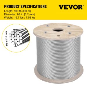 VEVOR Stainless Steel Cable Railing 1/8"x 500ft, Wire Rope 316 Marine Grade, Braided Aircraft Cable 1x19 Strands Construction for Deck Rail Balusters Stair Handrail Porch Fence