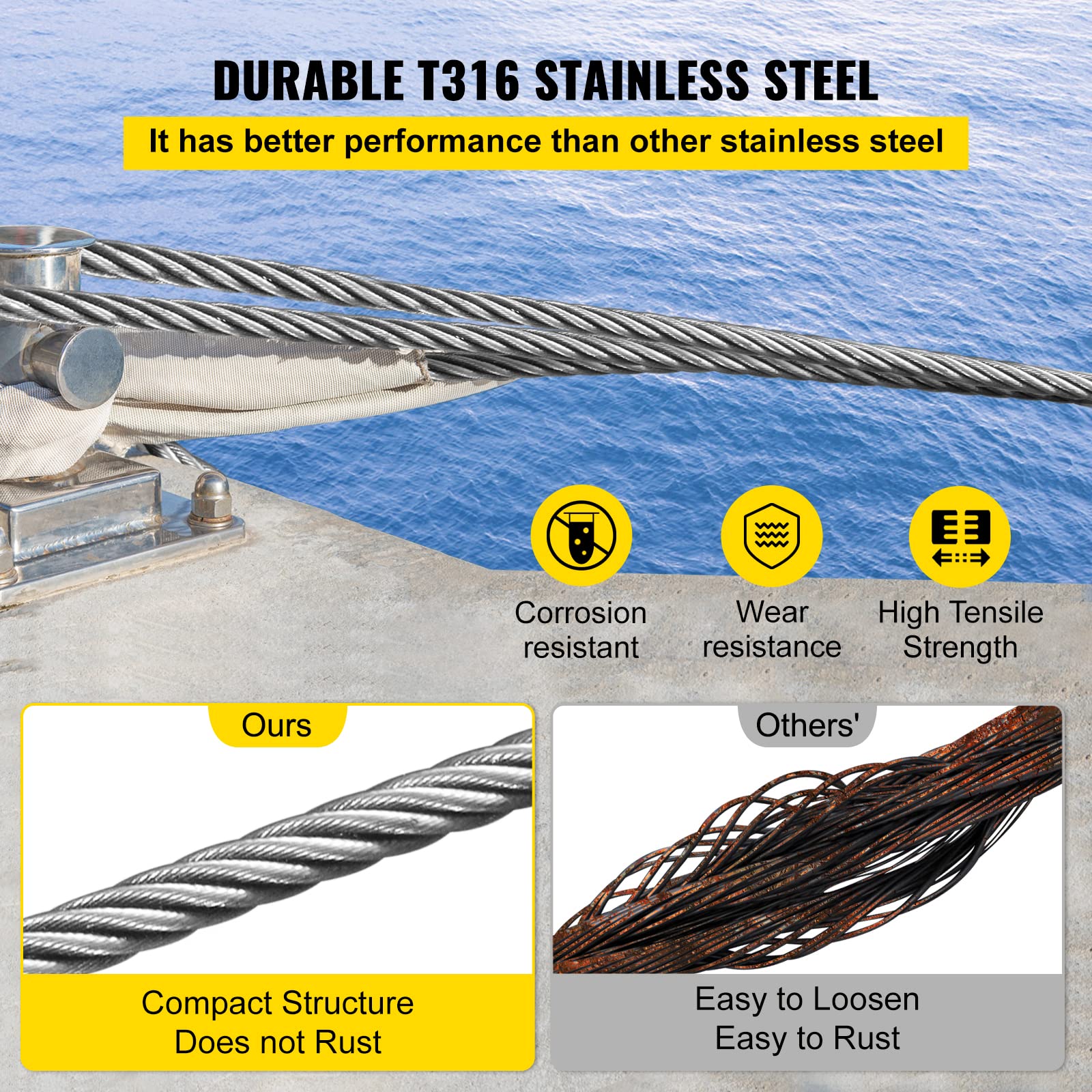 VEVOR Stainless Steel Cable Railing 1/8"x 500ft, Wire Rope 316 Marine Grade, Braided Aircraft Cable 1x19 Strands Construction for Deck Rail Balusters Stair Handrail Porch Fence