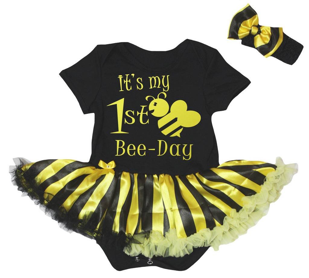 Petitebella It's My 1st Bee Day Bodysuit Black Yellow Striped Tutu Nb-18m (Black, 12-18 Months)