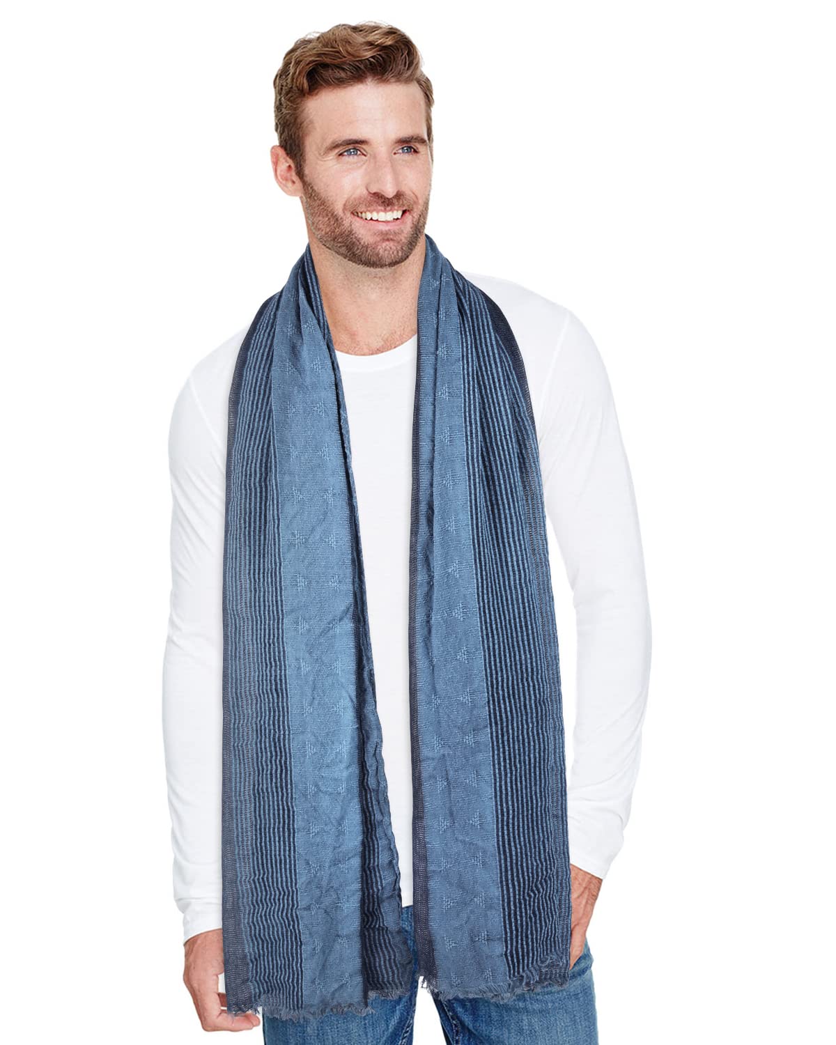 GERINLY Cotton-Linen Scarves Mens Stripe Crinkle Long Scarf European Neck Wrap Bufanda de Hombres Fashion (Blue)