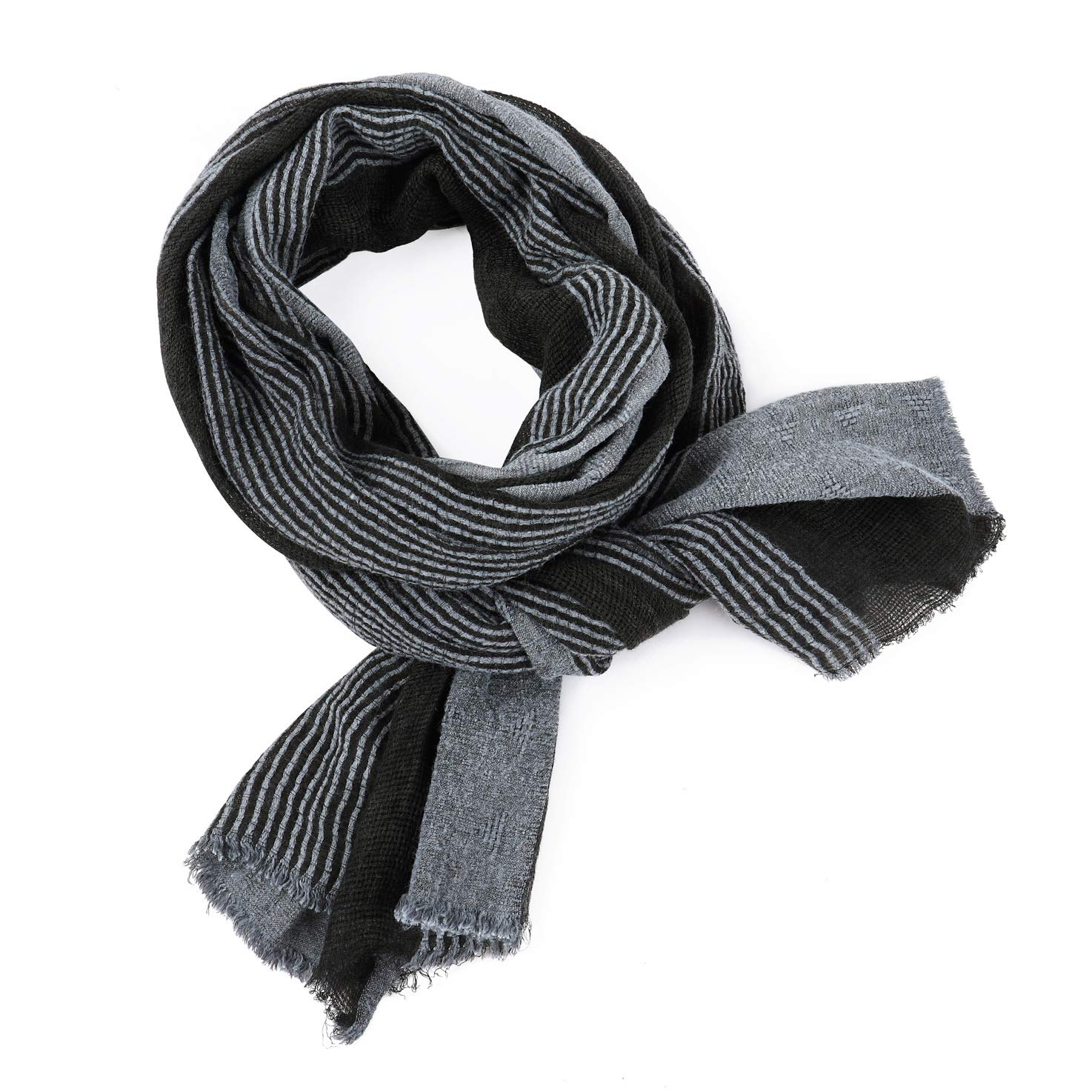 GERINLY Cotton-Linen Scarves Mens Stripe Crinkle Long Scarf Fashion Turban Shawl for Travel Male Wrap (Black)