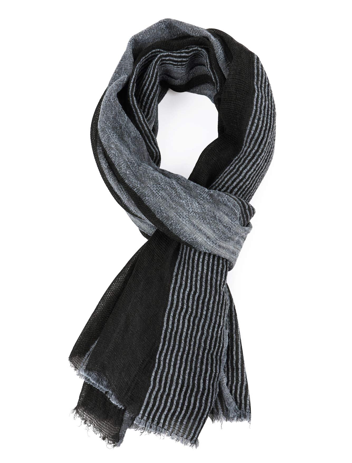 GERINLY Cotton-Linen Scarves Mens Stripe Crinkle Long Scarf Fashion Turban Shawl for Travel Male Wrap (Black)