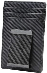 travelambo money clip for men carbon fiber clip wallet leather slim minimalist card holder rfid blocking (weaved black)