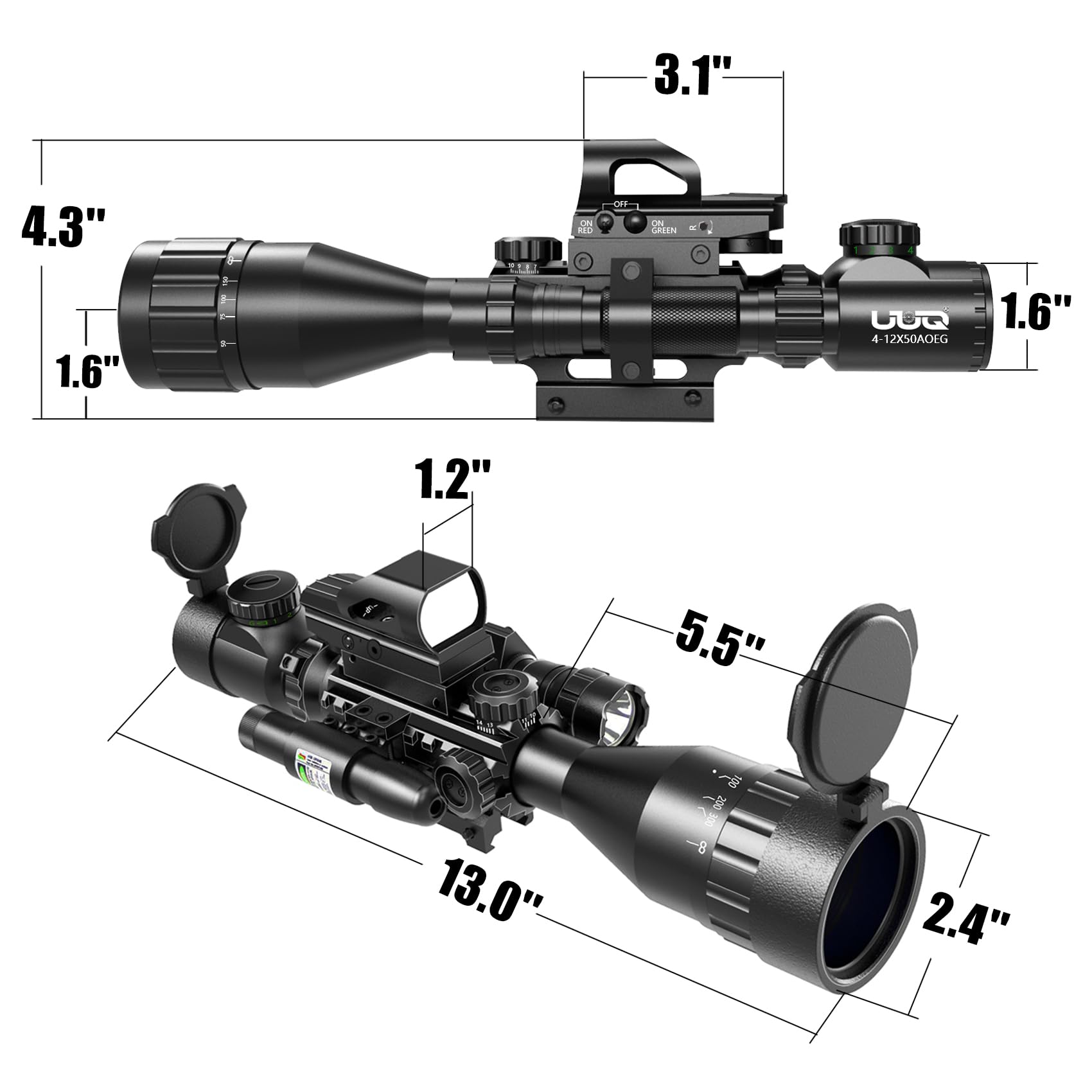 UUQ 4-12X50 AO Rifle Scope Red/Green Illuminated Range Finder Reticle W/Green Laser - Holographic Reflex Red Dot Sight - 5 Brightness Modes Flashlight (4-12X50 AO)