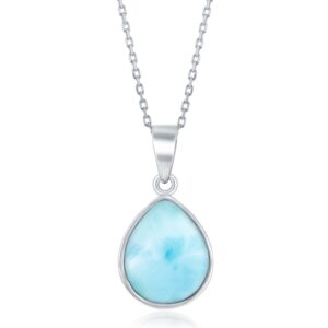 Beaux Bijoux Sterling Silver Blue Larimar Necklace for Women - Natural Larimar Jewelry - Blue Larimar Stones - 18 inch Pear Teardrop Pendant Necklace - Larimar Blue Necklaces for Women