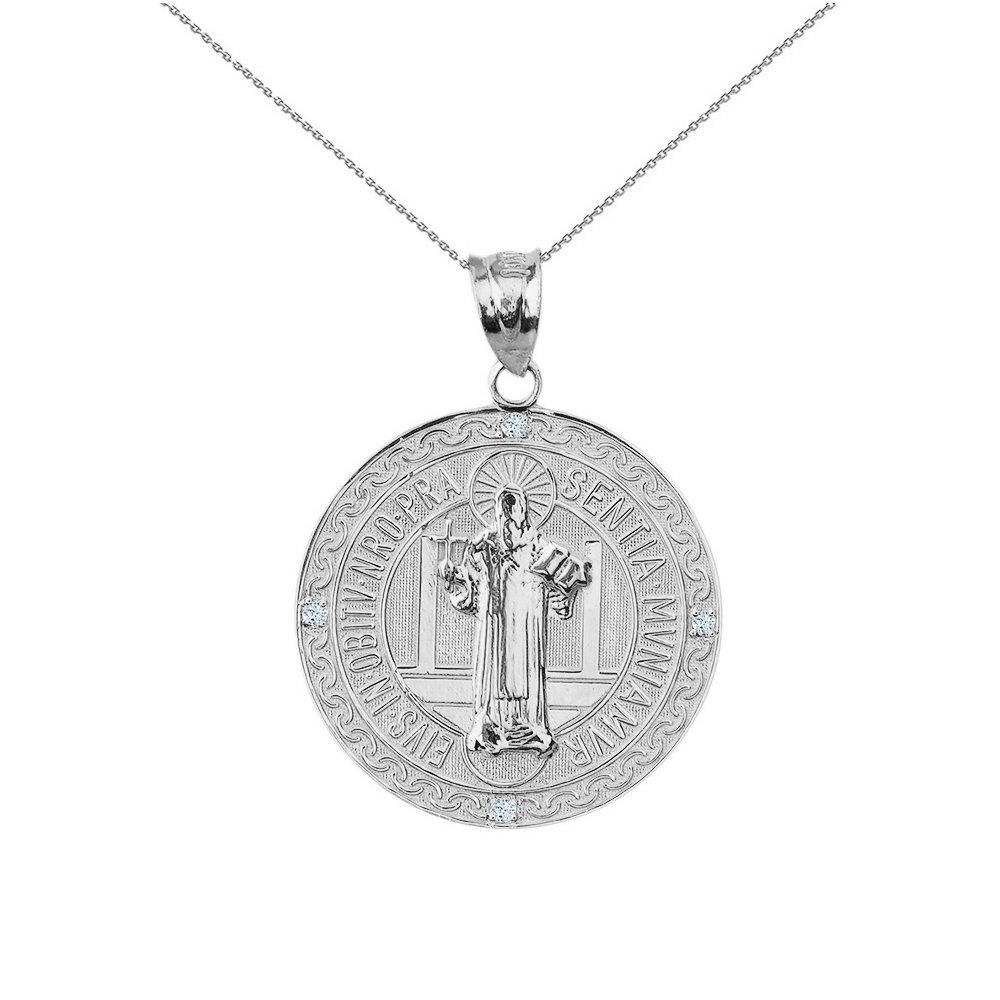 .925 Sterling Silver Cubic Zirconia St Benedict 3/4” Medal Pendant Necklace - 18”