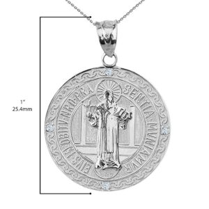 .925 Sterling Silver Cubic Zirconia St Benedict 3/4” Medal Pendant Necklace - 18”