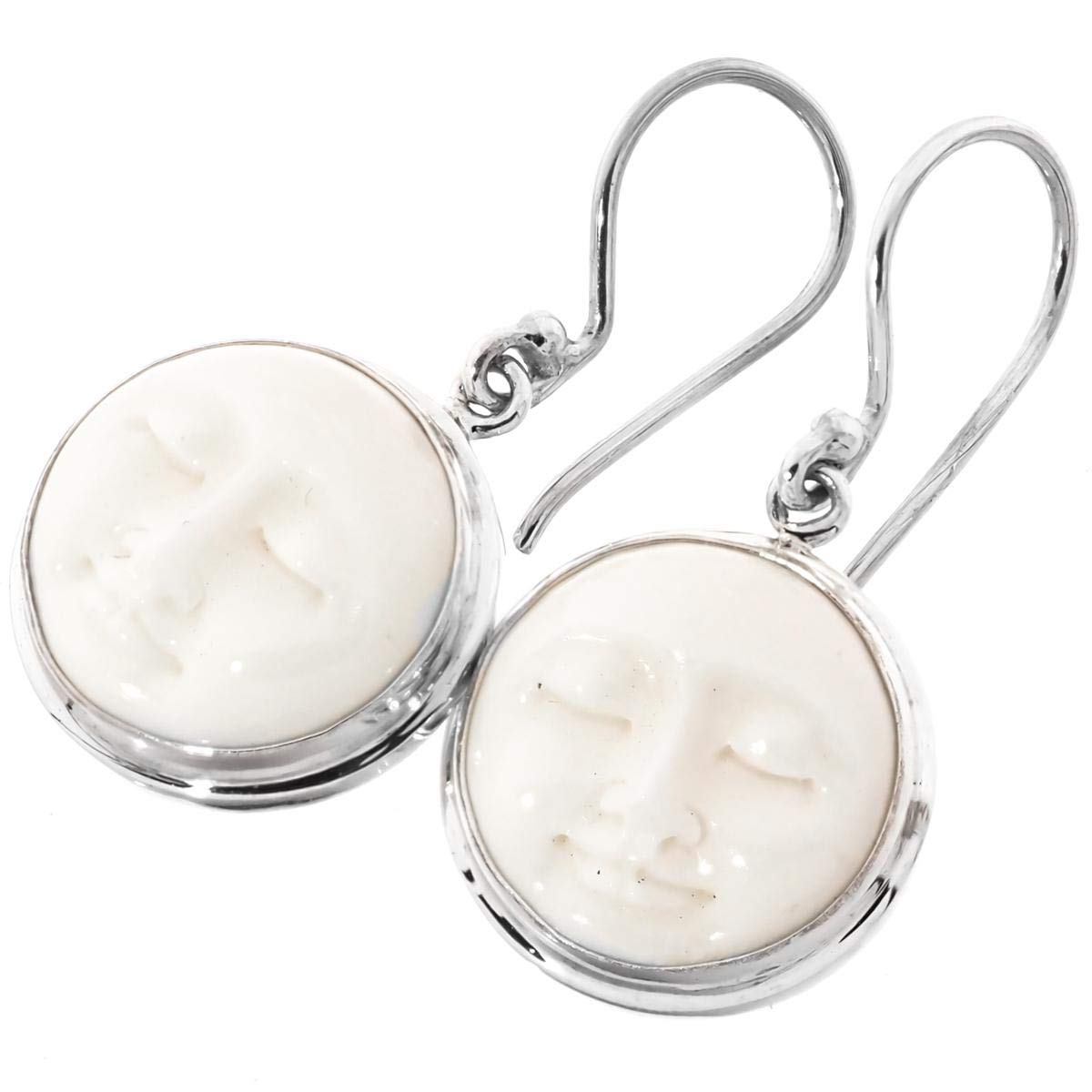 Moon Face Buffalo Bone Hand Carving 925 Sterling Silver Earrings 13/16"