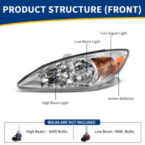 AUTOSAVER88 Headlight Assembly Compatible with 2002 2003 2004 Camry (Only Fits LE/XLE) Chrome Housing Amber Reflector Clear Lens