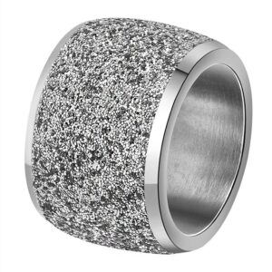 INRENG Women's Stainless Steel Ring Shiny Sequins Pave Sandblast Wide Wedding Band Silver Size 9