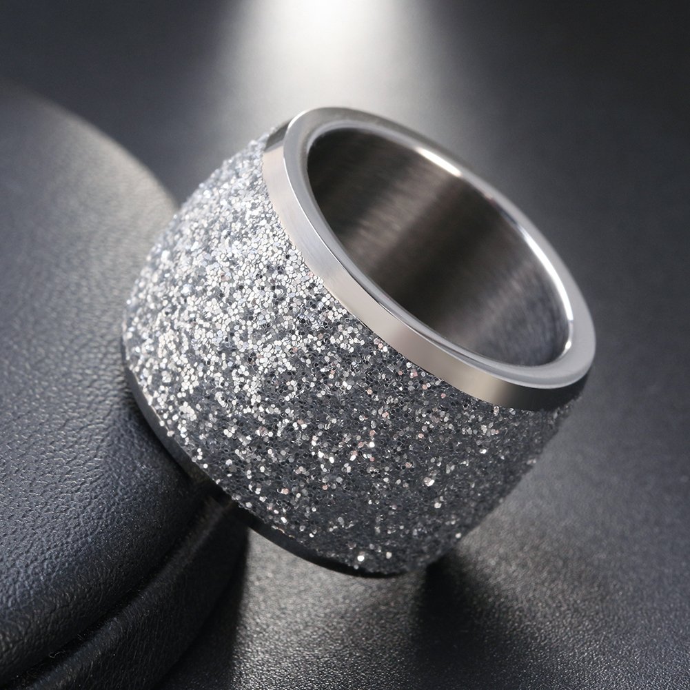 INRENG Women's Stainless Steel Ring Shiny Sequins Pave Sandblast Wide Wedding Band Silver Size 9