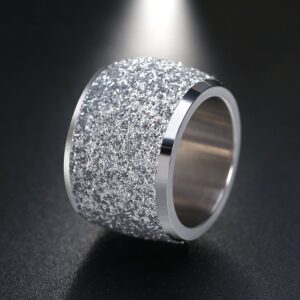 INRENG Women's Stainless Steel Ring Shiny Sequins Pave Sandblast Wide Wedding Band Silver Size 9