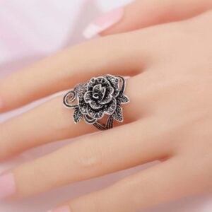 Yfnfxl Women's Cocktail Ring Fashion Black Crystal Marcasite Rose Flower Stainless Steel Rings