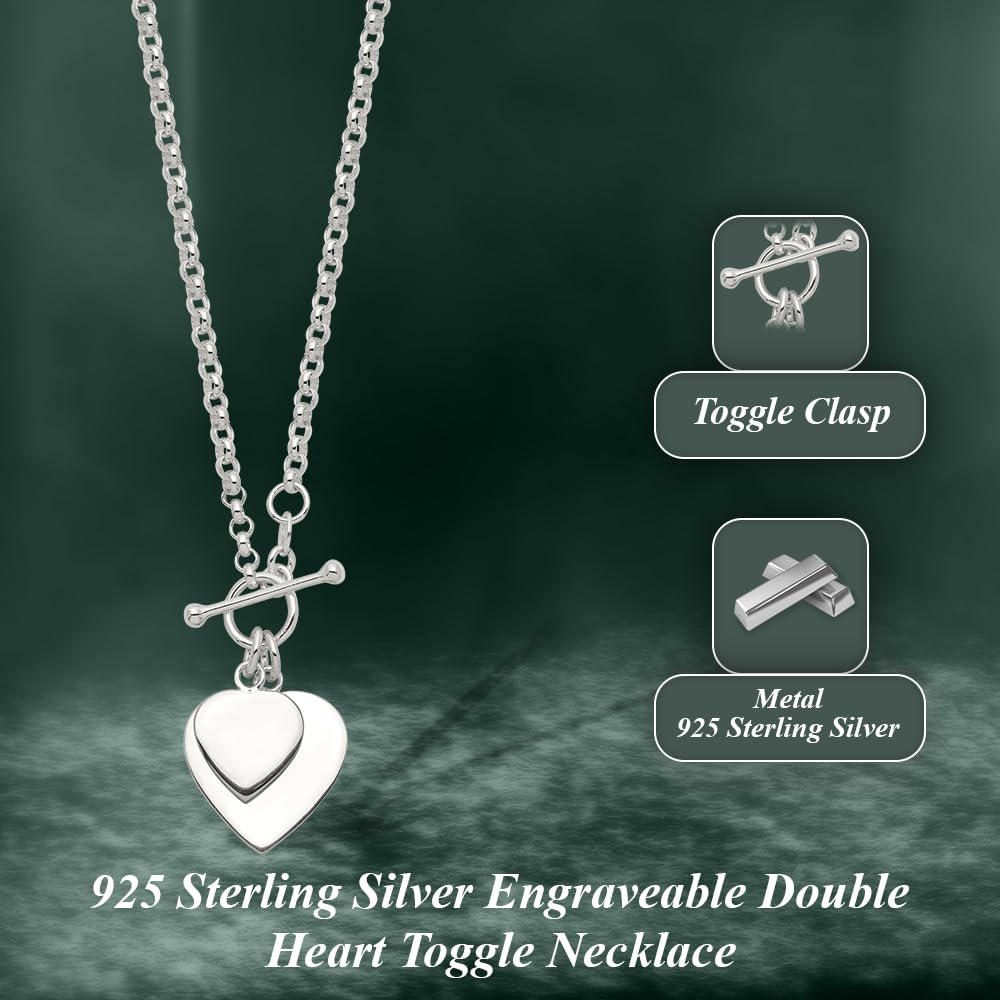 Diamond2Deal Sterling Silver Engraveable Double Heart Toggle Necklace Fine Jewelry Gift for Women