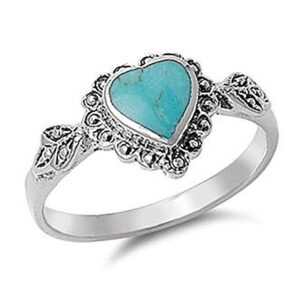 Blue Apple Co. Heart Promise Ring Heart Simulated Turquoise Stone 925 Sterling Silver