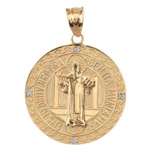 14k yellow gold diamond accented 1” round two sided saint benedict medalla de san benito medal pendant