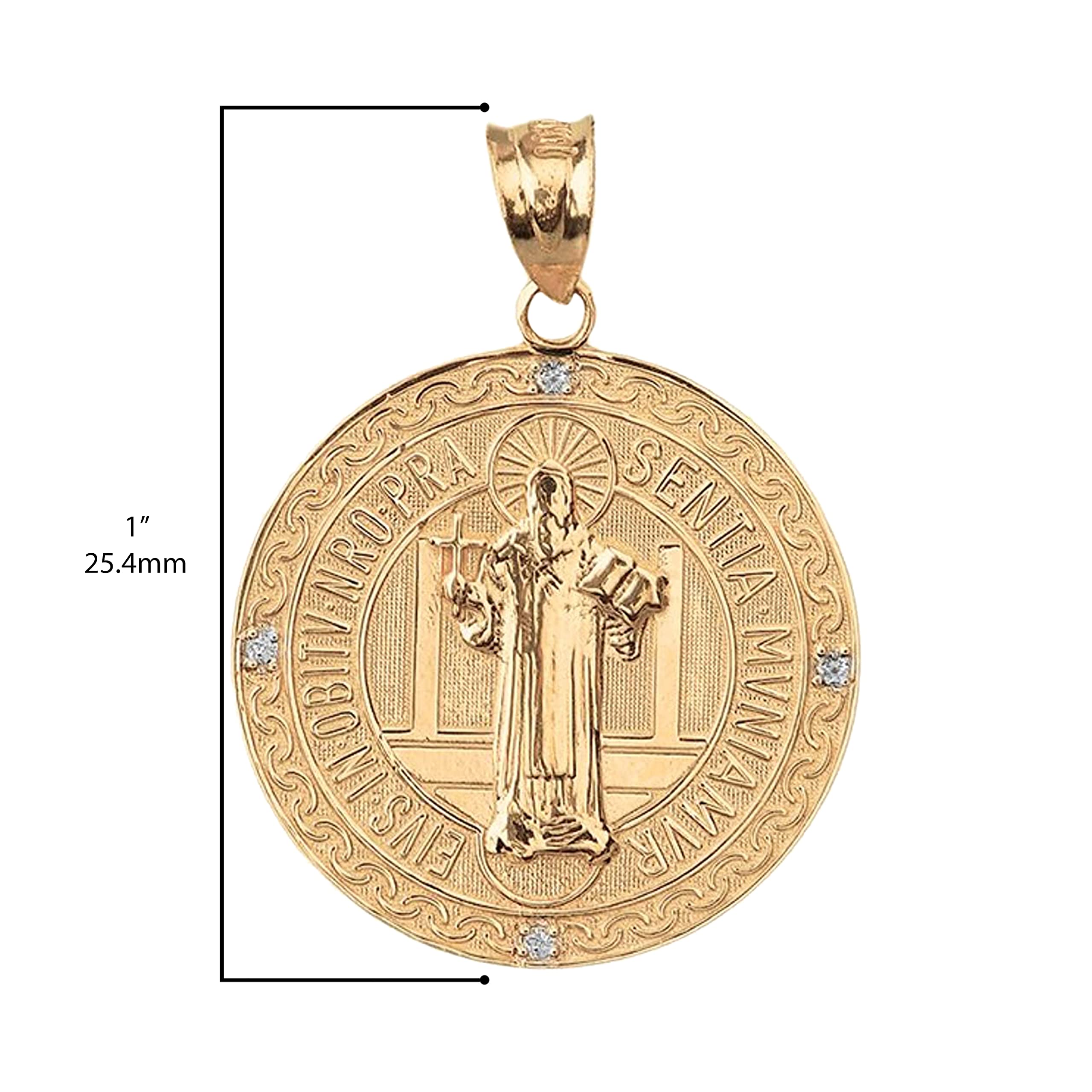 14K Yellow Gold Diamond Accented 1” Round Two Sided Saint Benedict Medalla de San Benito Medal Pendant