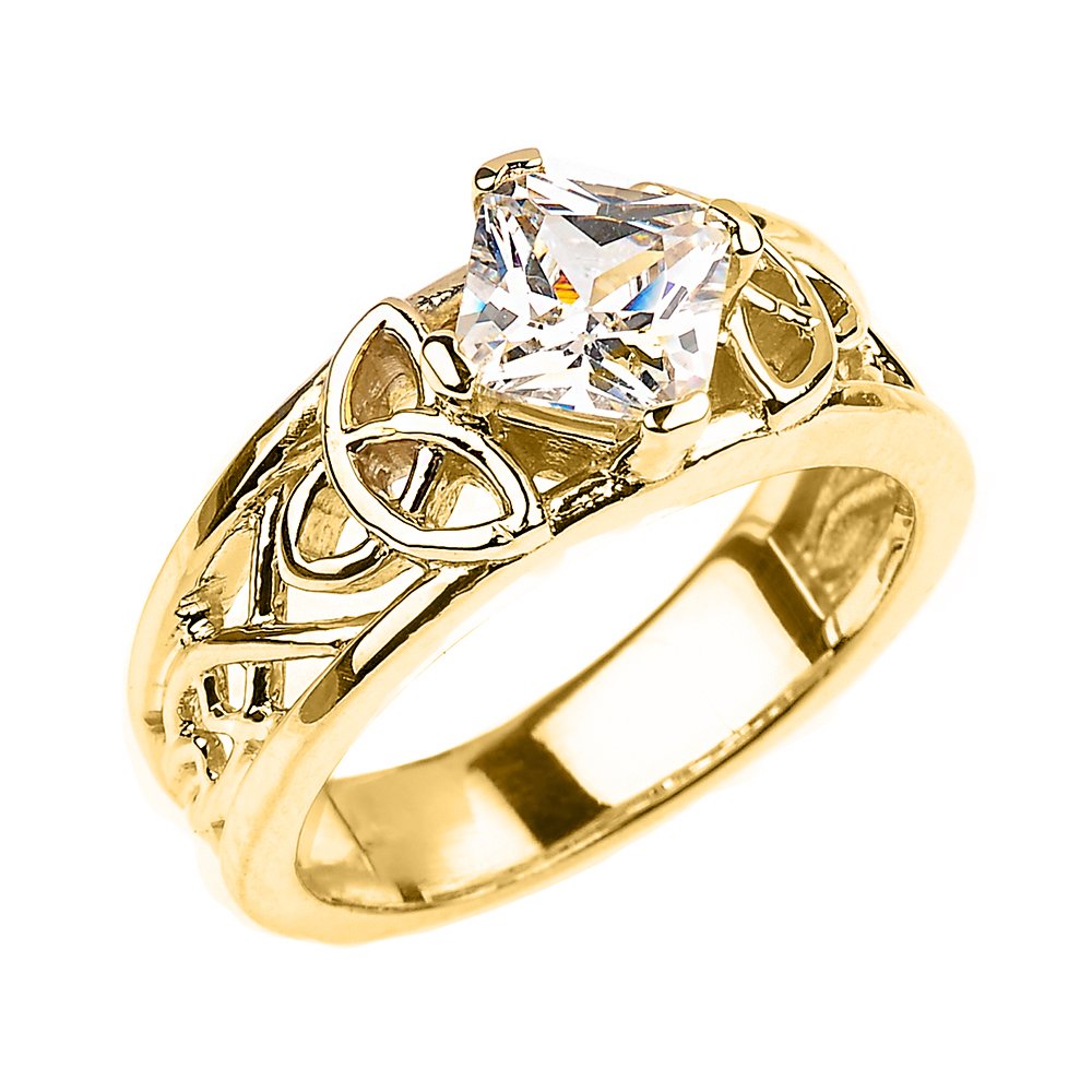 CZ Engagement Rings Solid 10k Yellow Gold Celtic Knot Princess Cut (Size 9.5)