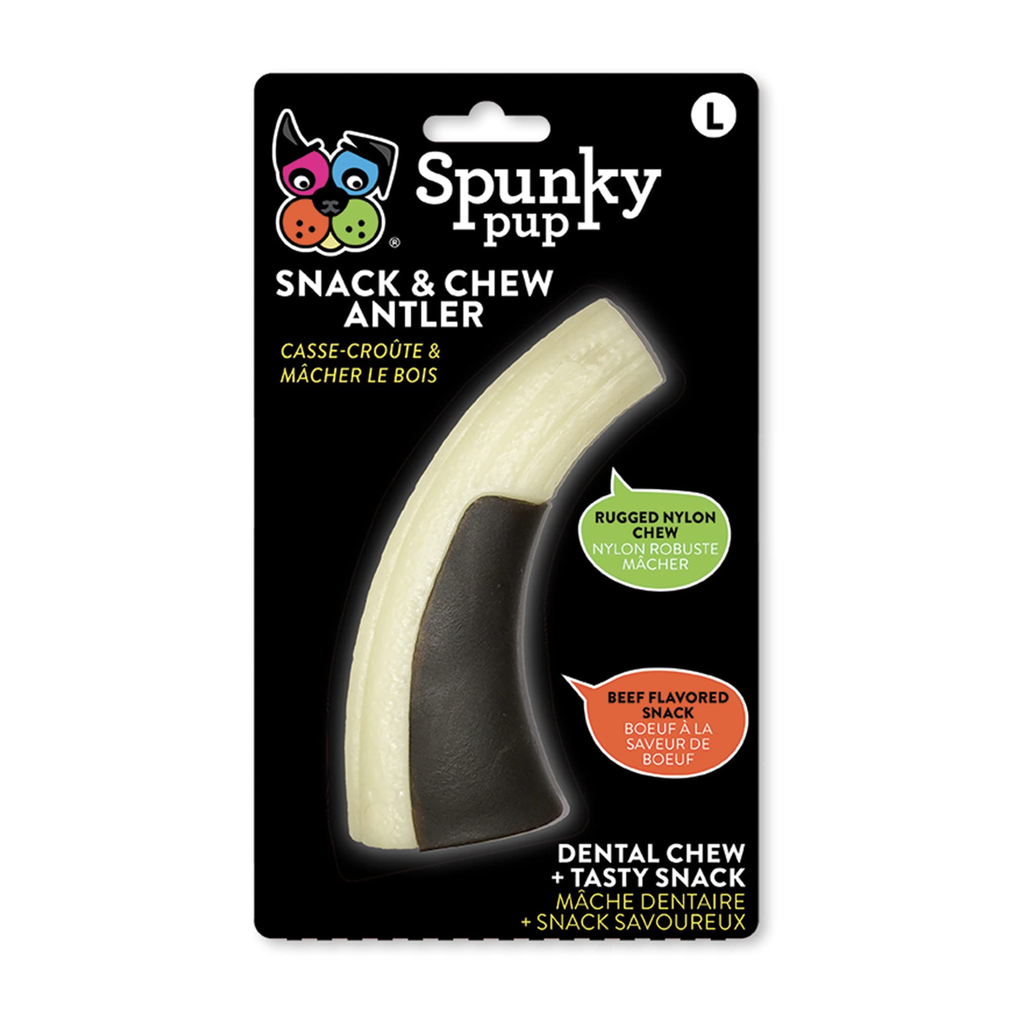 Spunky pup Snack & Chew Antler - Durable Nylon Dog Chew Toy with Embedded Beef-Flavored Treat, Promotes Dental Health - Antler Toy, Large