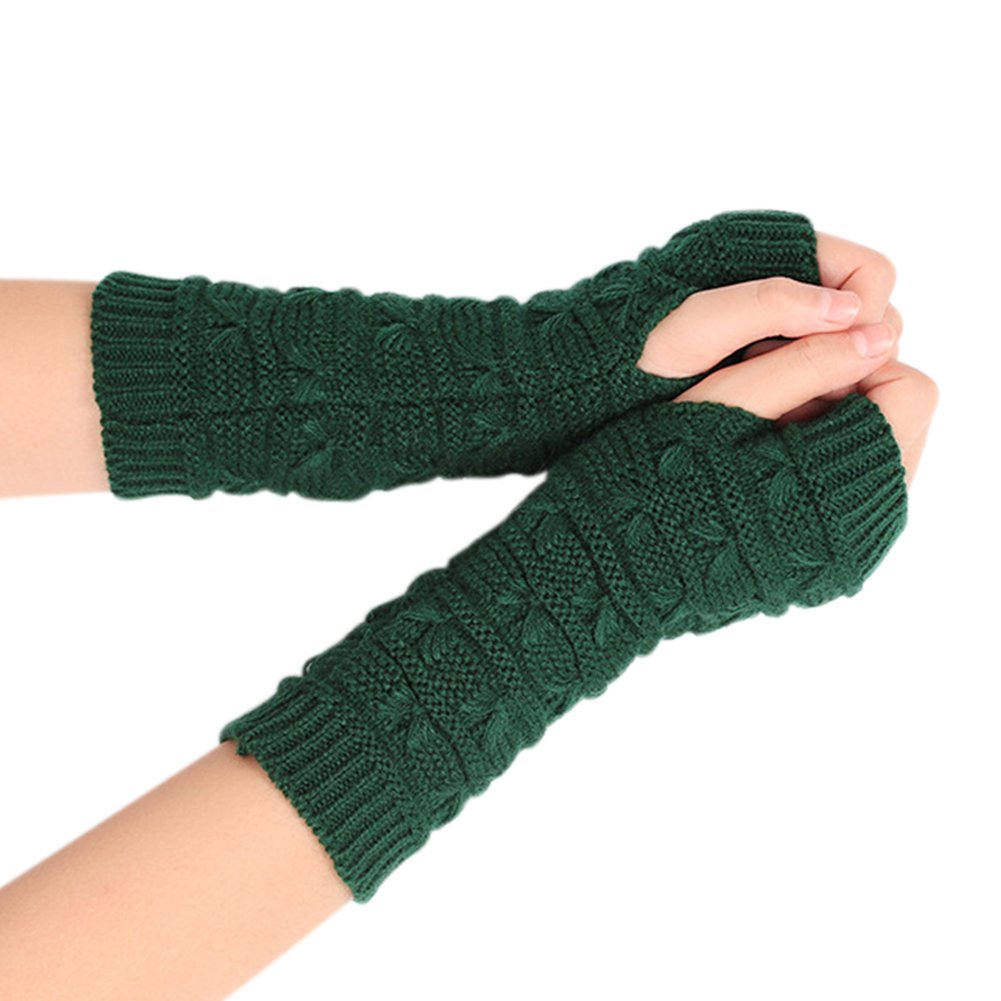 Women Winter Fingerless Gloves Crochet Knit Arm Warmers Mittens with Thumb Hole,Khaki