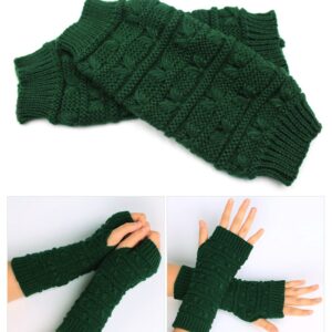 Women Winter Fingerless Gloves Crochet Knit Arm Warmers Mittens with Thumb Hole,Khaki