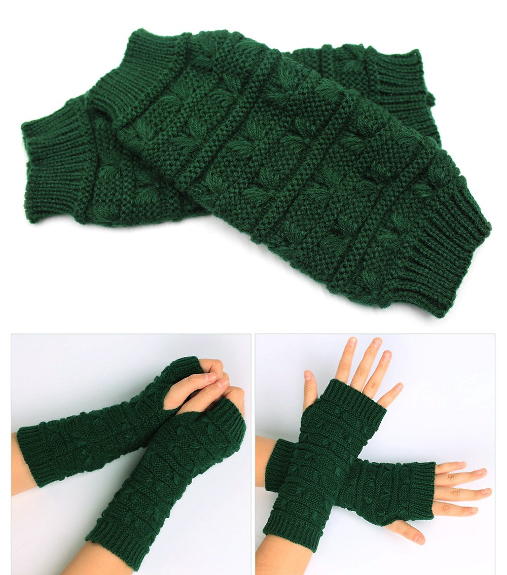 Women Winter Fingerless Gloves Crochet Knit Arm Warmers Mittens with Thumb Hole,Khaki