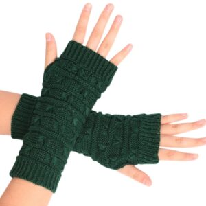 Women Winter Fingerless Gloves Crochet Knit Arm Warmers Mittens with Thumb Hole,Khaki