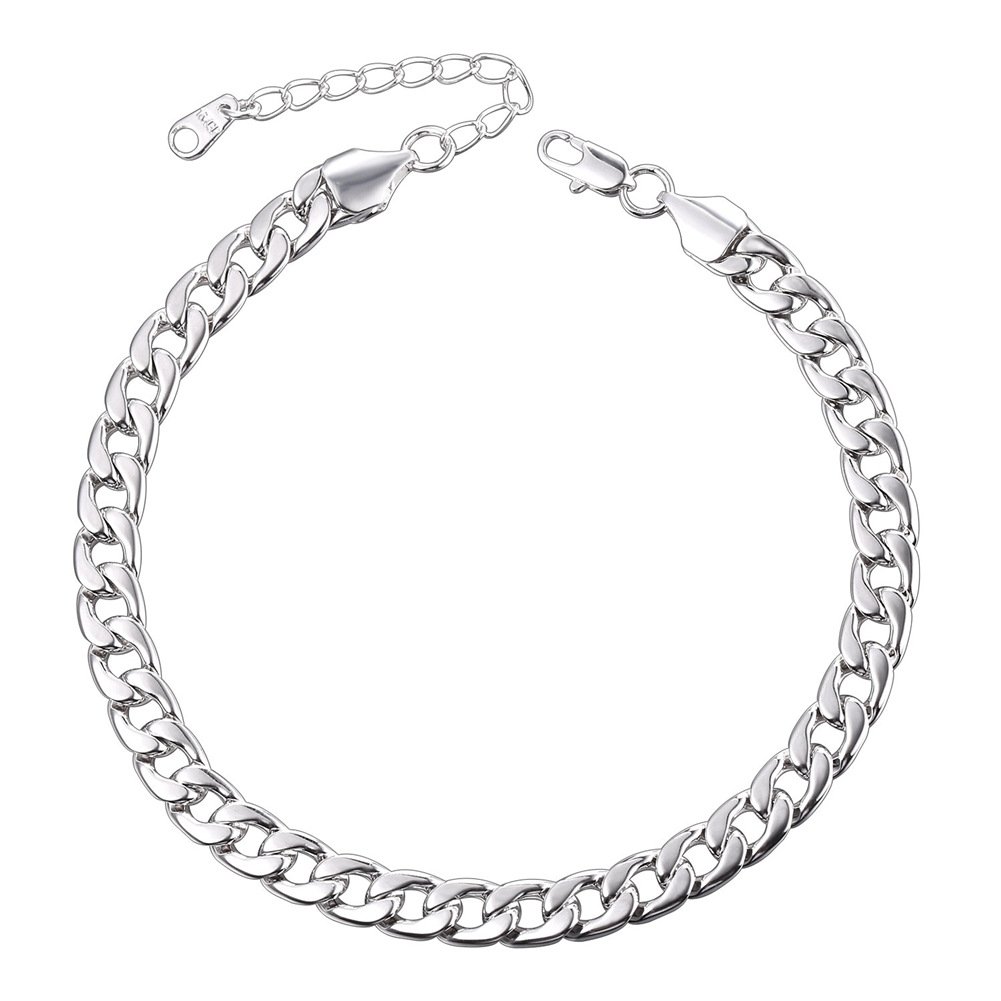 U7 Cuban Chain Anklets Platinum Plated Beach Foot Jewelry 7mm Wide Curb Chains Ankle Bracelet for Women, Length 22-27CM