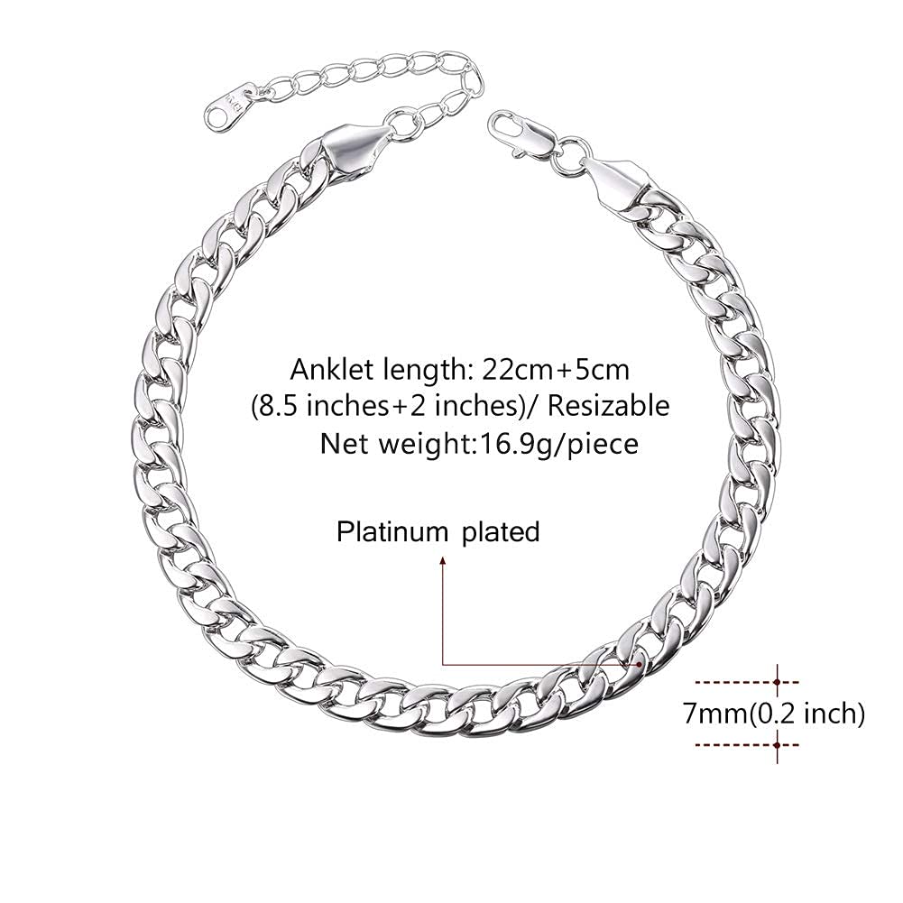 U7 Cuban Chain Anklets Platinum Plated Beach Foot Jewelry 7mm Wide Curb Chains Ankle Bracelet for Women, Length 22-27CM