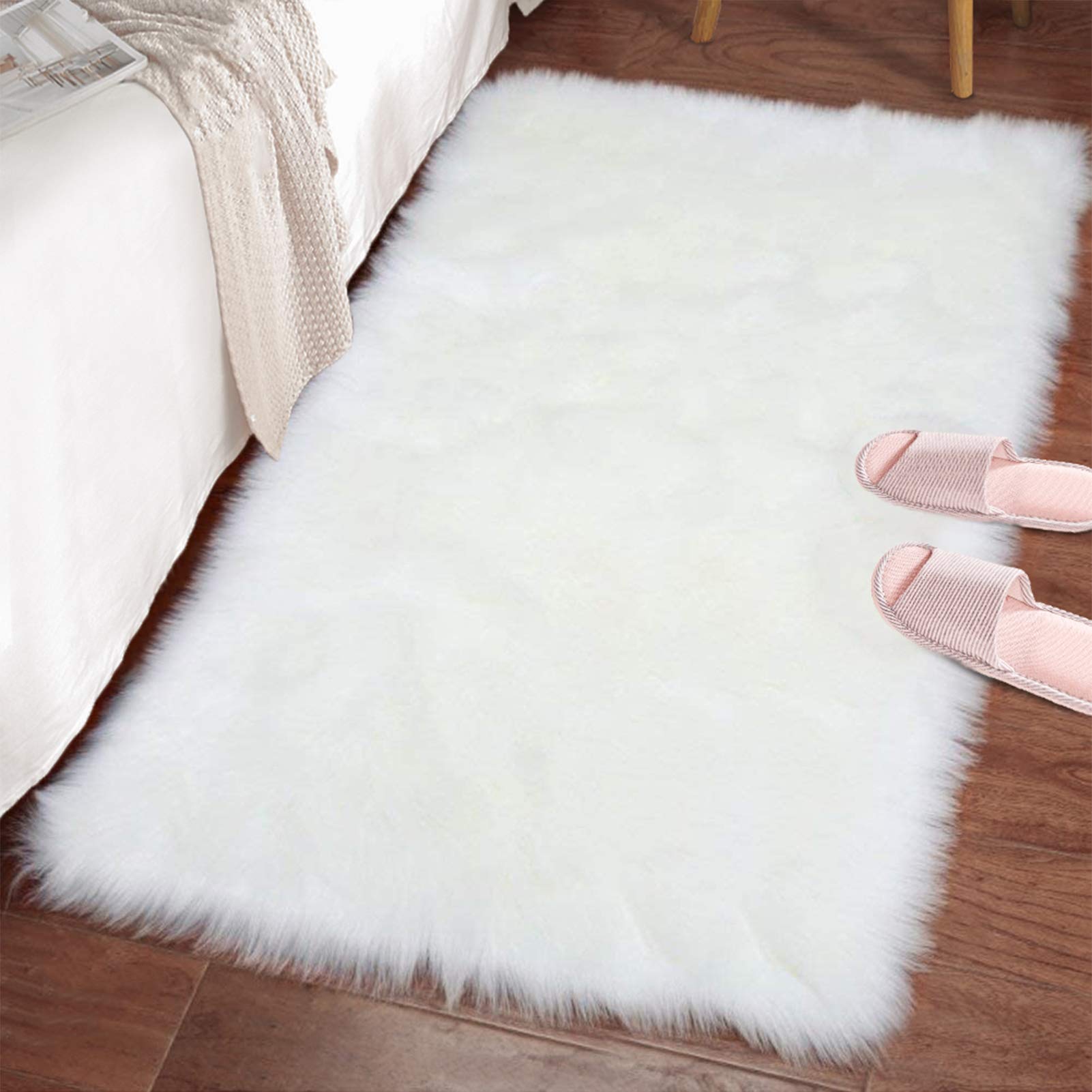 LOCHAS Soft Fluffy Faux Fur Rugs for Bedroom Bedside Rug 2x3 Feet, Washable, Furry Sheepskin Area Rug for Living Room Girls Room, Luxury Shag Carpet Home Decor, White