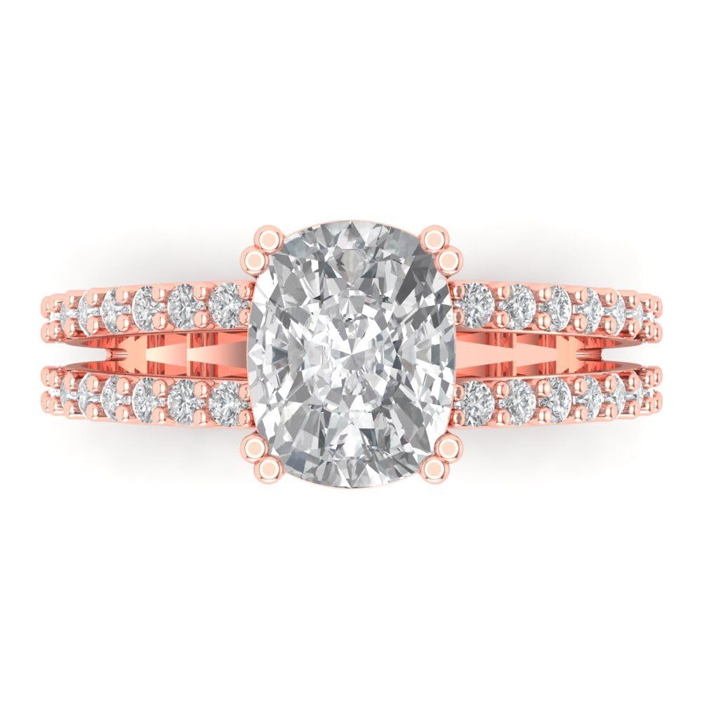 3.96 Ct Brilliant Cushion Cut Clear Simulated Diamond 14K Rose Gold Solitaire with Accents Engagement Anniversary Ring Size 8