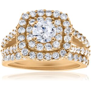 2ct Diamond Engagement Double Cushion Halo Wedding Ring Set 10k Yellow Gold - Size 5.5