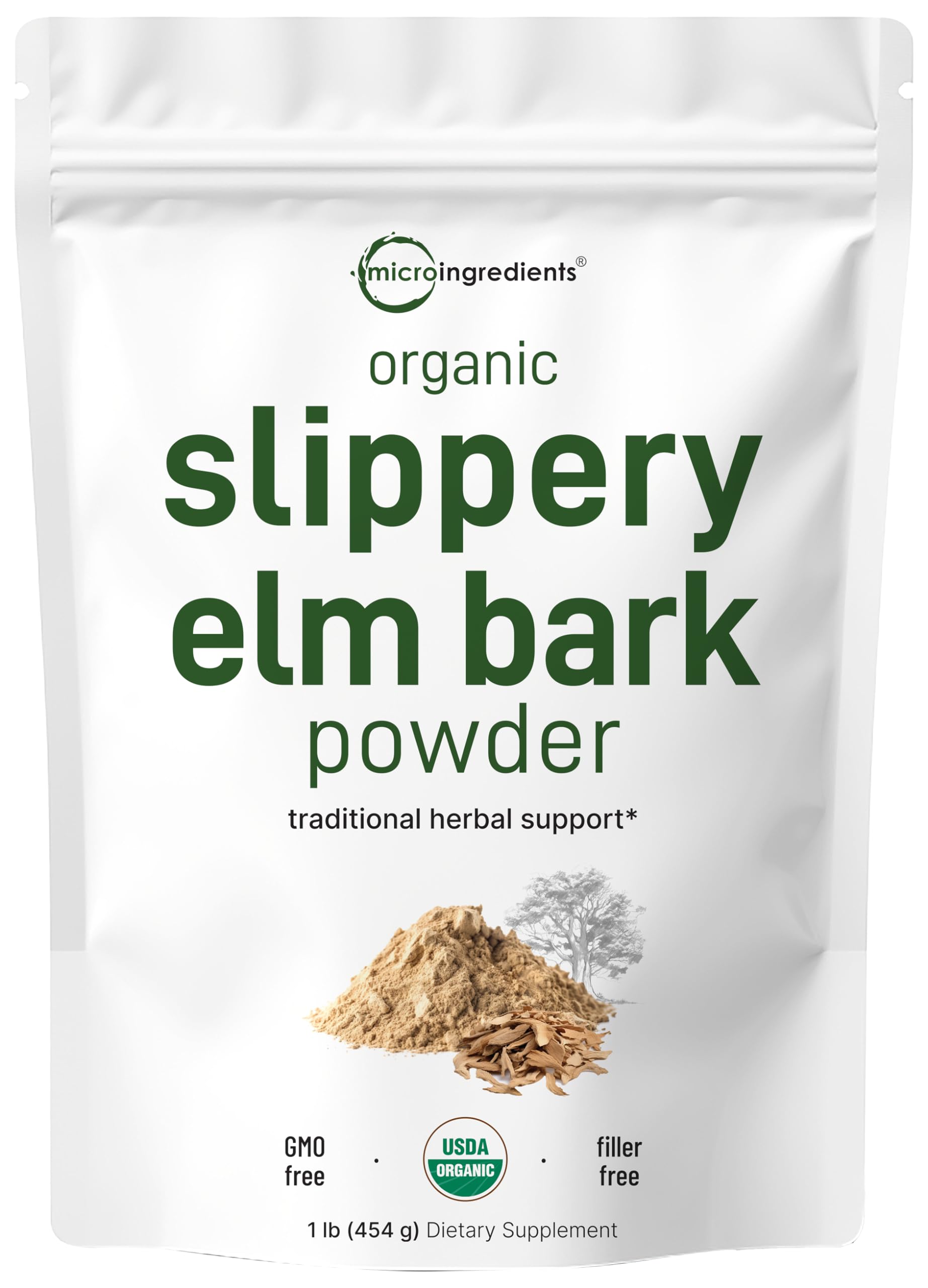 Micro Ingredients Sustainably US Grown, Organic Slippery Elm Bark Powder, 1 Pound (648 Servings), Helps Soothe The Throat and Coughing, No Irradiated, No Contaminated, No GMOs, Pet Friendly