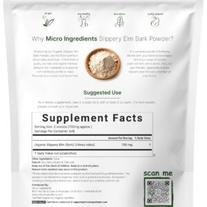 Micro Ingredients Sustainably US Grown, Organic Slippery Elm Bark Powder, 1 Pound (648 Servings), Helps Soothe The Throat and Coughing, No Irradiated, No Contaminated, No GMOs, Pet Friendly