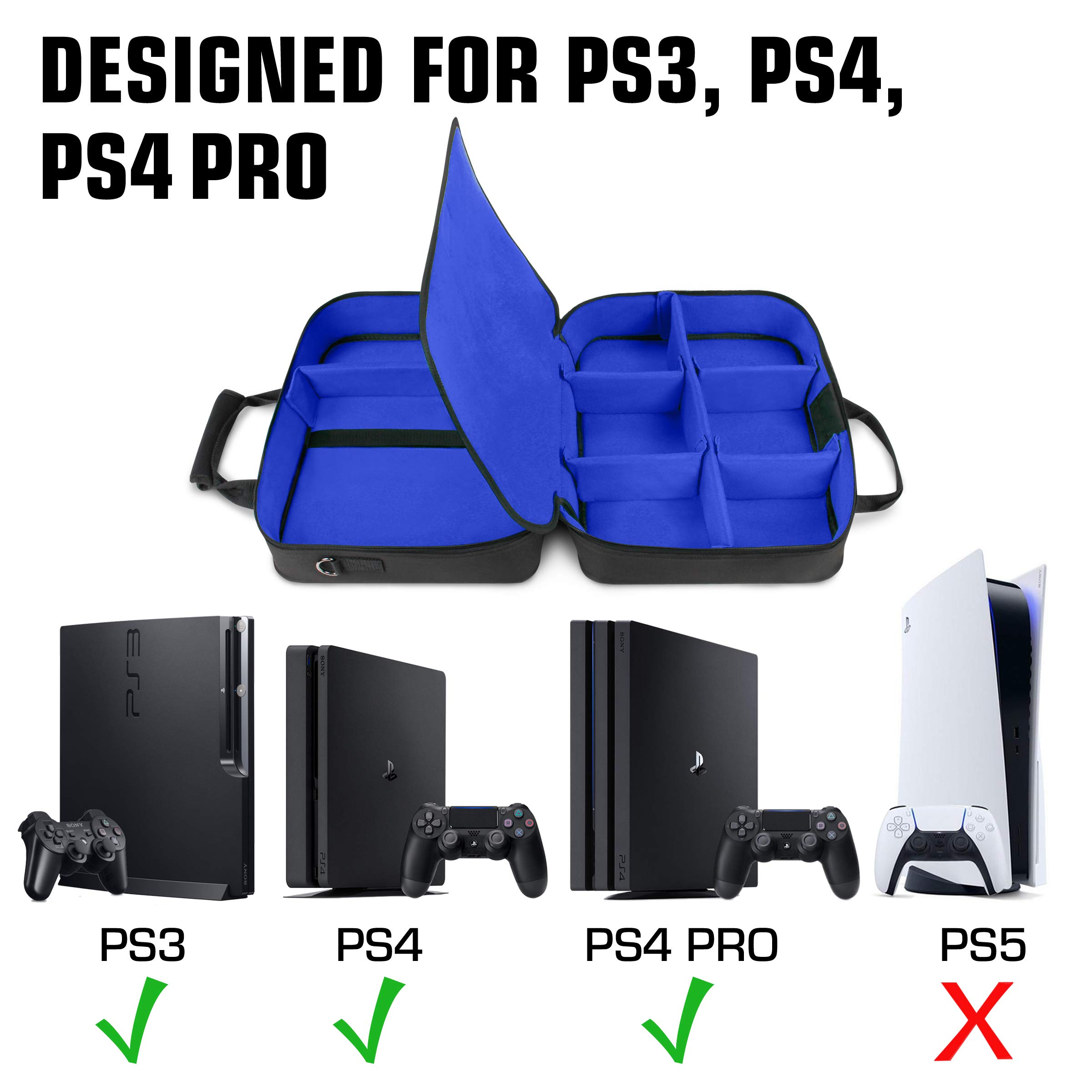 USA GEAR PS4 Travel Case - PS4 Case Compatible with PlayStation 4 Slim, PS4 Pro and PS3 - PS4 Carrying Case with Customizable Interior for PS4 Games, Controller, Headset and Gaming Accessories (Blue)