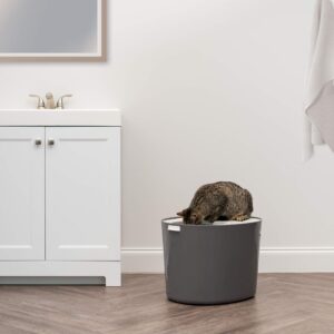 IRIS USA Large Top Entry Cat Litter Box with Scoop, Stylish Round Cat Litter Box Enclosure, Kitty Litter Box, Dark Gray/White