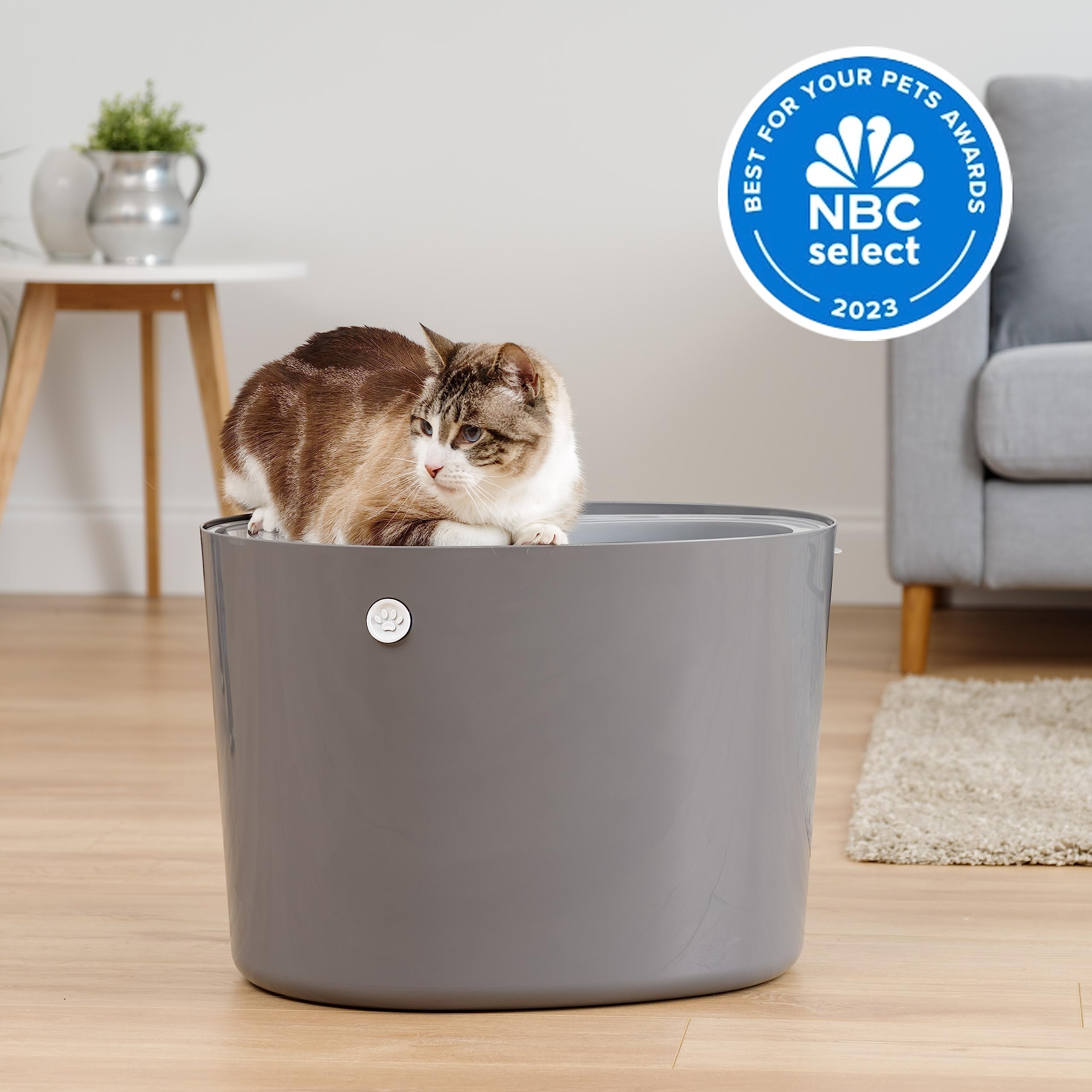 IRIS USA Large Top Entry Cat Litter Box with Scoop, Stylish Round Cat Litter Box Enclosure, Kitty Litter Box, Dark Gray/White