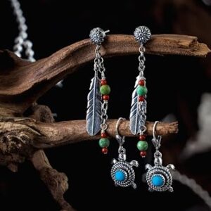 American West Jewelry Sterling Green Turquoise & Red Coral Gemstones Feather Dangle Earrings