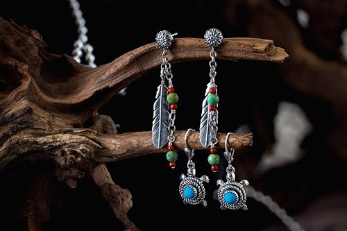 American West Jewelry Sterling Green Turquoise & Red Coral Gemstones Feather Dangle Earrings