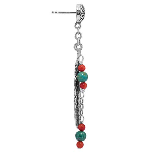 American West Jewelry Sterling Green Turquoise & Red Coral Gemstones Feather Dangle Earrings